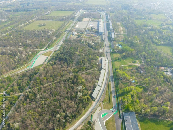 Obraz Aerial view of Autodromo Nazionale Monza, a race track near the city of Monza in Italy, north of Milan. Venue of the Formula 1 Grand Prix. From the air, drone photography.