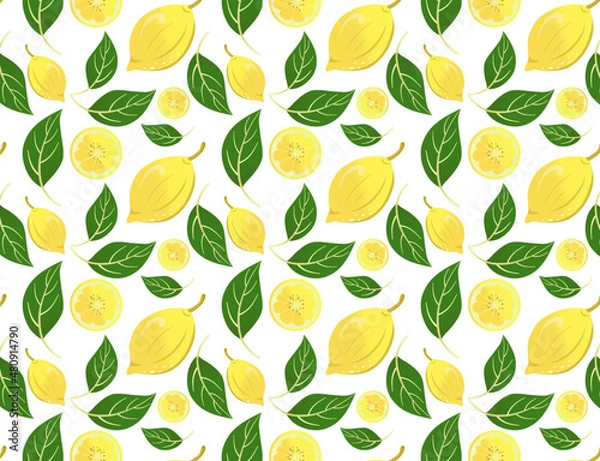 Fototapeta seamless bright pattern with lemon and green leaves on a white background, vector illustration
