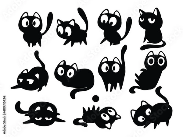Obraz Set of black cats. Collection of silhouette of funny cats in different poses. Vector illustration isolated on white background. Drawing with children.
