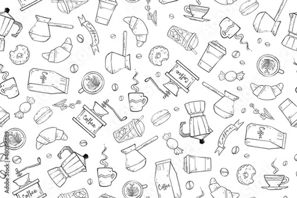 Fototapeta Seamless pattern of coffee stuff in doodle style, monochrome vector illustration
