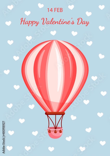 Obraz Vector illustration of a pink balloon on a background of hearts for valentine's day for postcard, textiles, decor, poster. Greeting card.