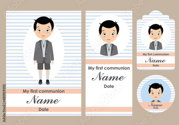 Obraz First communion card, bookmark, label and sticker set for boy