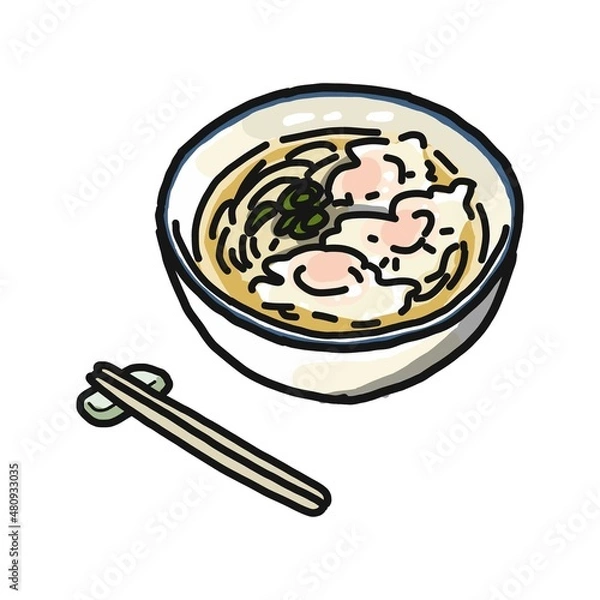 Obraz どんぶりに盛り付けられたワンタン麺のイラスト。箸が添えられています。