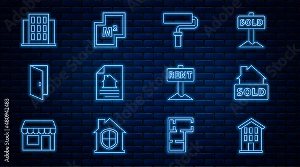 Fototapeta Set line House, Hanging sign with text Sold, Paint roller brush, contract, Closed door, Rent and plan icon. Vector