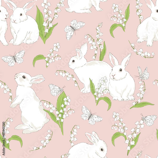 Fototapeta Cute bunny in Spring Bloomy garden with Lilies of the valley florals and white butterfly vector seamless pattern. Vintage romantic nature hand drawn print. Cottage core aesthetic background.
