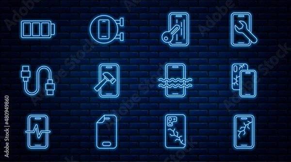 Fototapeta Set line Mobile with broken screen, Glass protector, USB cable cord, Battery, Waterproof phone and Phone repair service icon. Vector