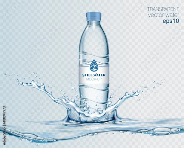 Fototapeta Transparent realistic vector mineral water plastic bottle for your advertising with water splash and drops. Blue background 