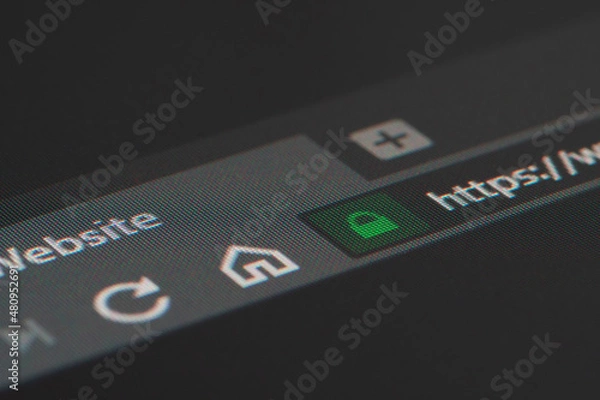 Fototapeta Web browser closeup on LCD screen with shallow focus on https padlock