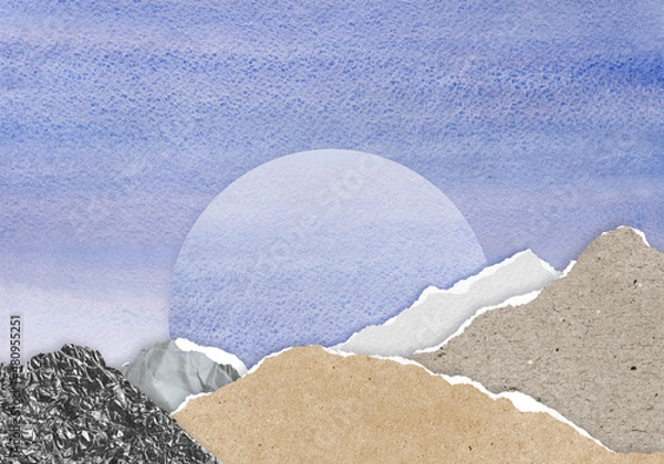 Obraz Zine collage landscape paper art. Surreal collage composition made of torn pieces of vintage paper. Landscape with mountains. Cut out fragments made of foil, craft, watercolor paper, carton, torchon.