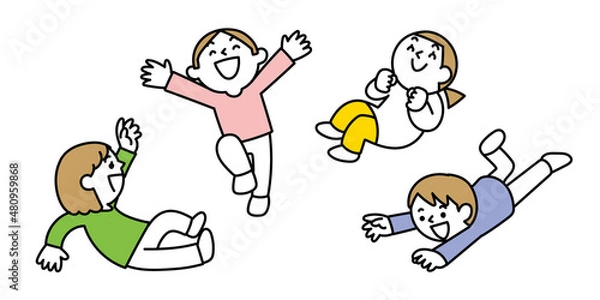 Fototapeta 友達と一緒に飛んだりはねたりする子どもたち
