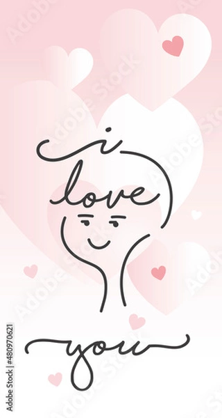 Fototapeta I love you handwritten typography inside cute line design in love boy face heart with some pink hearts greetings for banner social media mobile background image and poster Valentine's day