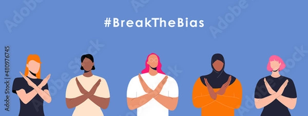 Fototapeta International womens day. 8th march. HAshtag BreakTheBias Horizontal poster with women with different skin color and ethnic groups cross arms. Vector illustration in flat style.