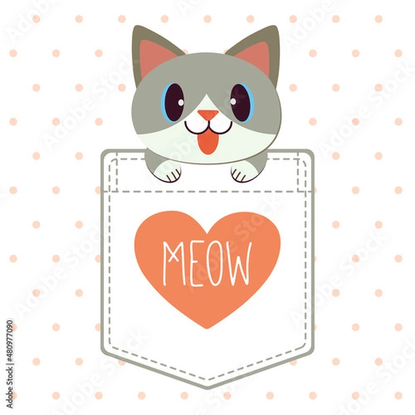Fototapeta The character of cute cat in the pocket of shirt in flat vector style. illustation about cat for banner, greeting card,content,grahic.
