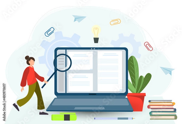 Fototapeta Young happy woman or girl holding magnifying glass and examining document at the screen of laptop, student searching information in the Internet, business analysis, audit, research concept 