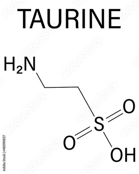 Fototapeta Taurine or 2-aminoethanesulfonic acid molecule. Common ingredient of energy drinks and nutritional supplements. Skeletal formula.
