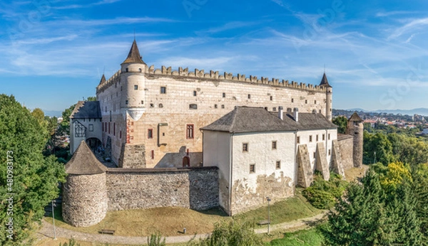 Fototapeta Aerial view of Zvolen castle in Slovakia with Renaissance palace, outer ring of wall, turrets, corner tower, massive gate tower, Gothic Chapel