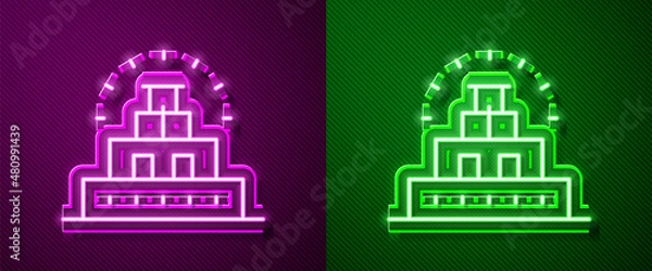 Fototapeta Glowing neon line Chichen Itza in Mayan icon isolated on purple and green background. Ancient Mayan pyramid. Famous monument of Mexico. Vector