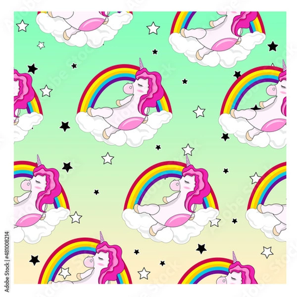 Fototapeta The unicorn sits in the clouds. Bright colorful background. Fairy animal. Seamless pattern. Green-yellow gradient background. Vector stock illustration.