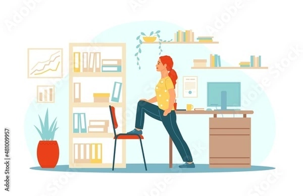 Fototapeta Workplace physical exercises. Home office fitness. Woman does physical workout. Helpful break during work. Training with furniture. Person stands in stretching pose. Vector concept