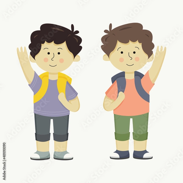 Fototapeta A set of two vector school boys in colorful clothes with a backpack