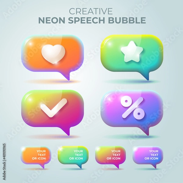 Obraz Isolated colourful speech bubbles with neon bright gradients for avertising or web content and social media publications, check mark, like, heart, star, rating and percent icon