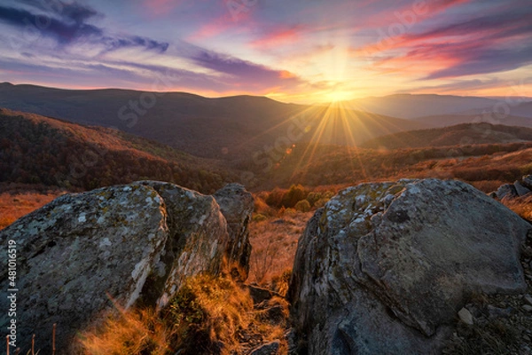 Fototapeta Beautiful autumn sunset in Bieszczadzy mountains - Poland