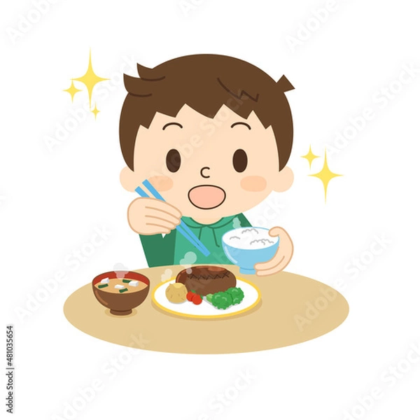 Fototapeta 笑顔で食事をする男の子 ハンバーグ