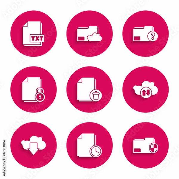 Fototapeta Set Delete file document, Document with clock, folder protection, Cloud download and upload, Unknown and TXT icon. Vector