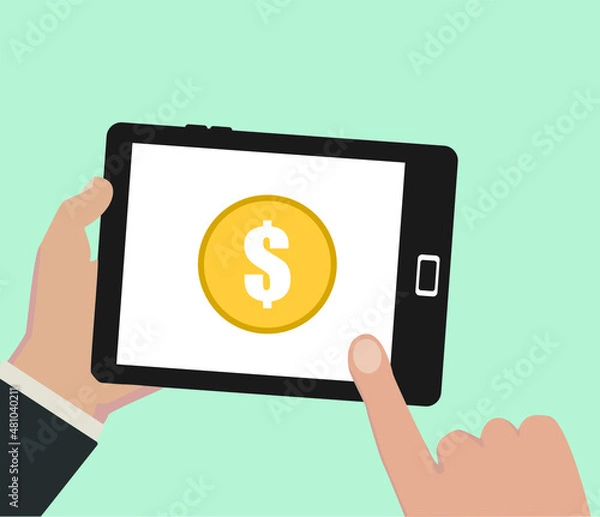 Obraz Hand touching tablet with dollar sign on the screen. Using tablet flat design concept. vector illustration