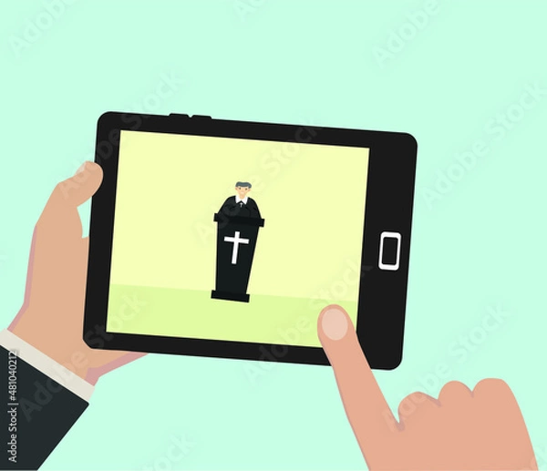 Obraz online sermon on tablet, remote view vector illustration
