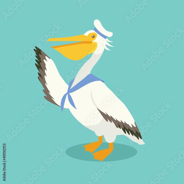 Obraz Pelican in a sailor suit flaps its wing