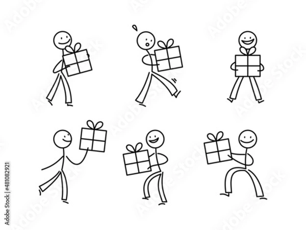 Fototapeta シンプルな棒人間のイラストセット　丸、三角、四角を持つ