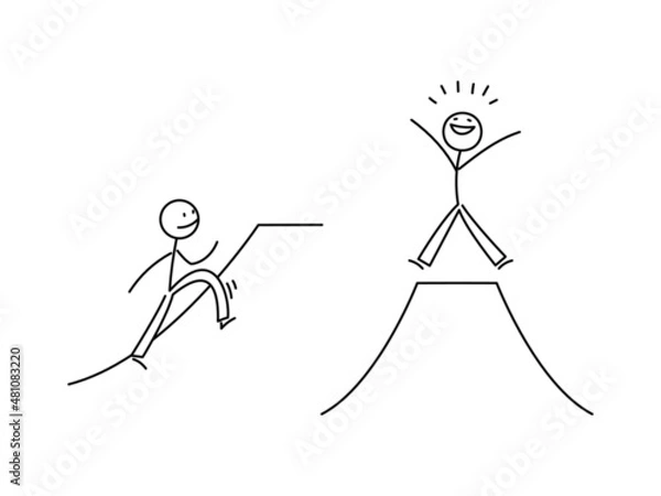 Obraz シンプルな棒人間のイラストセット　山を登る　登頂