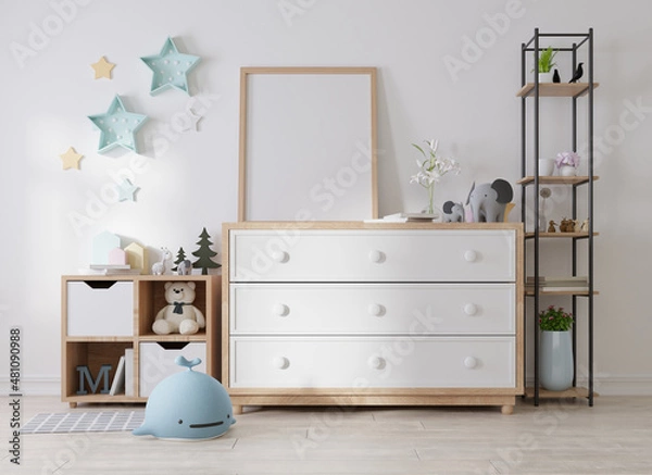 Fototapeta Mock up poster frame in modern interior background, living room, Scandinavian style, 3D render