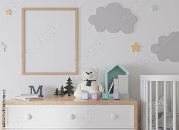 Fototapeta Mock up poster frame in modern interior background, living room, Scandinavian style, 3D render
