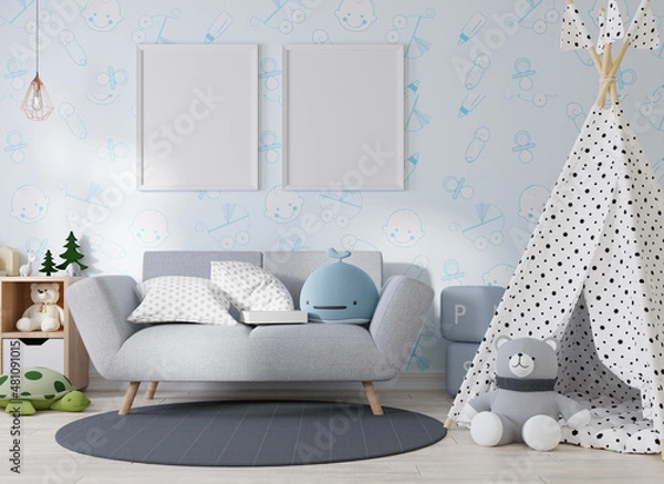Fototapeta Mock up poster frame in modern interior background, living room, Scandinavian style, 3D render