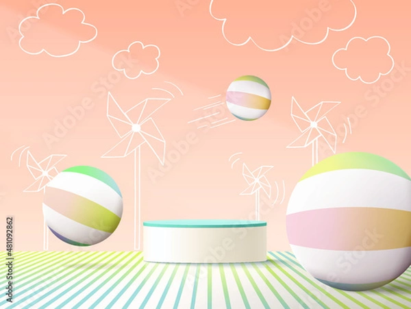 Fototapeta 3d rendering of podium and abstract geometric with empty space for kids or baby product.