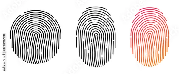 Fototapeta Fingerprint icons. Personal id identity. Press finger, scan for safety.  Unique touch id. Individual fingertip is verification in police. Semi-simplified fingerprint on white background. Vector