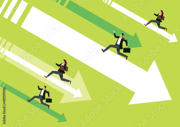 Obraz Economic and business image infographics. Arrows down the right shoulder and pictograms and illustrations of male and female businessmen. Recession adversity.