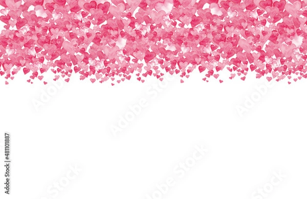 Fototapeta Falling heart background. Valentines day or Bridal background template with hearts. Hand drawn hearts, watercolor technique. Love theme for gift coupons, vouchers, ads, events. Heart confetti.