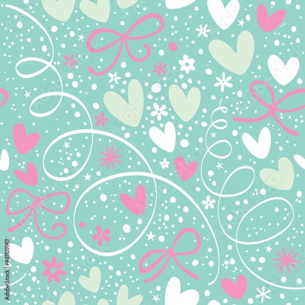 Obraz Seamless pattern with hearts, crowns on a mint background.