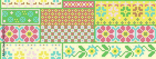 Obraz Seamless Pattern Floral Motifs Cross Stitch Vector Color