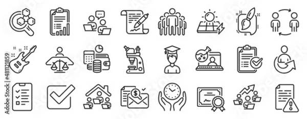 Fototapeta Set of Education icons, such as Certificate, Interview, Microscope icons. Instruction manual, Teamwork, Agreement document signs. Online chemistry, Work home, Court judge. Workflow, Group. Vector