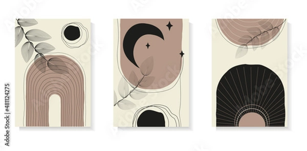 Fototapeta Abstract shapes rainbow, arc, sun decor boho poster set.Trendy mid century art, boho home decor, wall art.  Scandinavian minimalist art. Abstract cover templates with artistic shapes. Vector illustrat