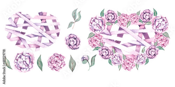 Fototapeta Watercolor set of floral elements for Valentine's Day