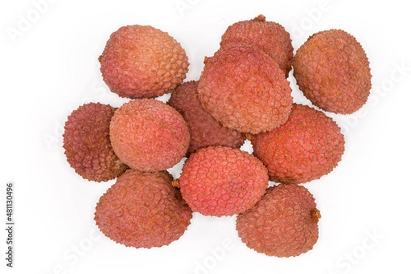 Fototapeta Top view of whole ripe lychee fruits on white background