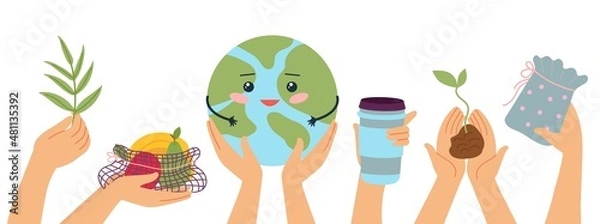 Fototapeta Eco banner. Safety planet, environment take care. Hands holding earth, different reusable tools, coffee mug and growing plant. Ecology decent vector background