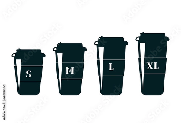 Fototapeta Coffee cup on the size, S, M, L, XL. Vector image set on flat modern style