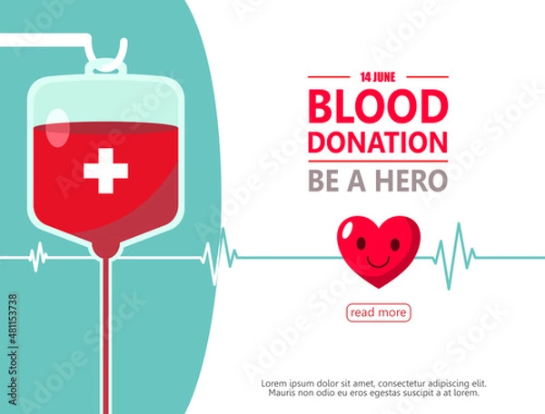 Fototapeta blood bag donate with heart for publicize to the public to join blood donor for poster, banner, card and background.vector illustration blood donation day concept.