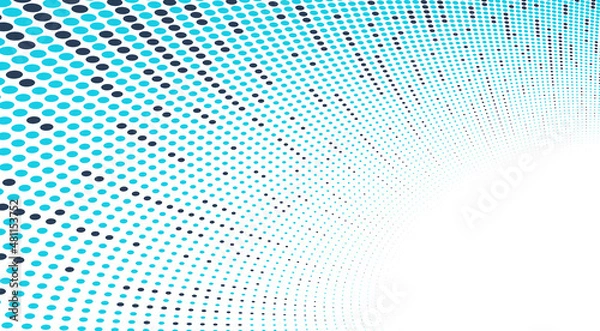 Fototapeta Blue dots in 3D perspective vector abstract background, multimedia internet information theme, wave stream of science technology or business blank template for ads.